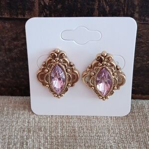 Gold Tone Pink Rhineston Post Earrings